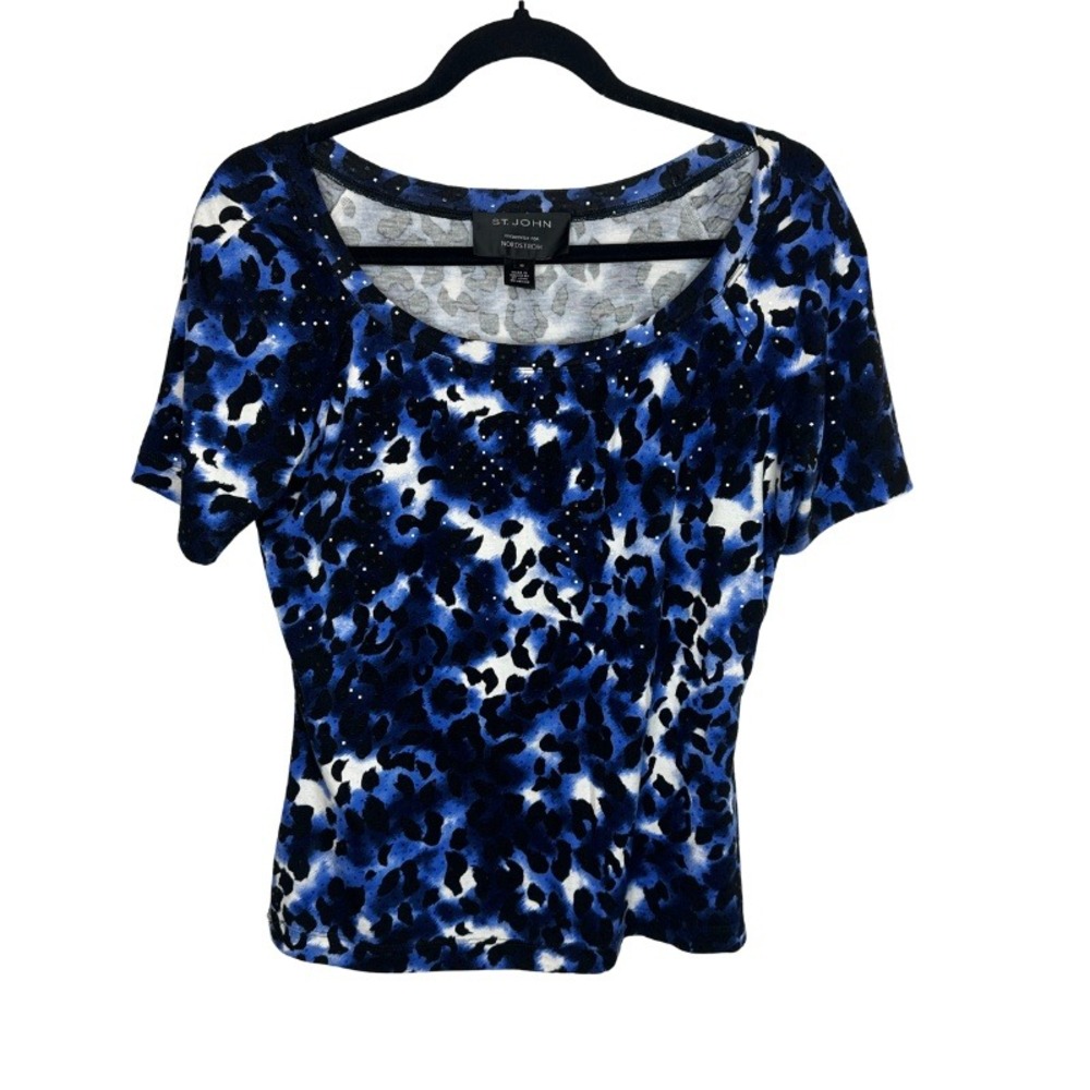St John Nordstrom Cavier Top Blue Black Leopard Sparkle Short Sleeve Medium